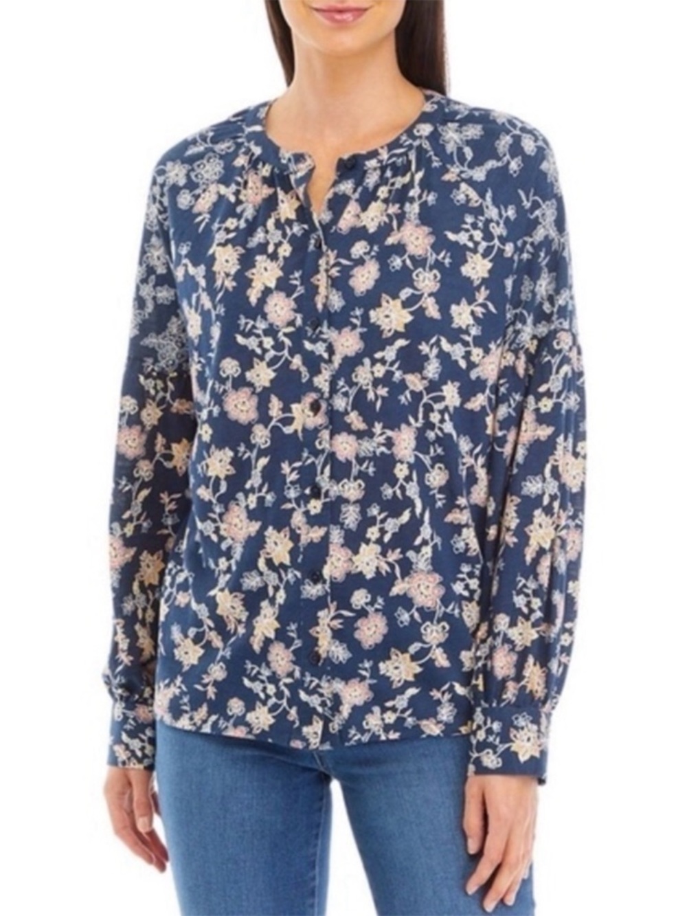 Wonderly - Women's Printed Banded Blouse - Viney Navy‎ - Size Medium - NWT